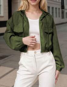 hoteel Women's Corduroy Hooded Bomber Jacket - Army Green - View 4