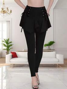 Plus Size Women's Asymmetrical Hem Black Skirt With Waist Drawstring, Suitable For Pairing With Leggings And Pants, Mother's Day Gift