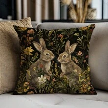 1pc Vintage Floral Rabbit Design Throw Pillow Case, Single-Sided Soft Peach Velvet Fabric, 45*45CM/50*50CM Cushion Cover Suitable For Home Decor, Party Decoration, Decorative Pillow Gift - Multicolor - View 4
