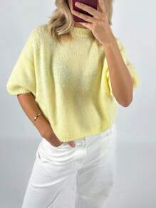 Women's Spring Autumn Knit Sweaters Half Sleeve O Neck Solid Color Casual Knitwear - Yellow - View 2