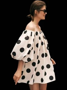 Women's Off Shoulder Dress Casual Puff Sleeve Loose Blouse Mini Dress Beach Short Dresses