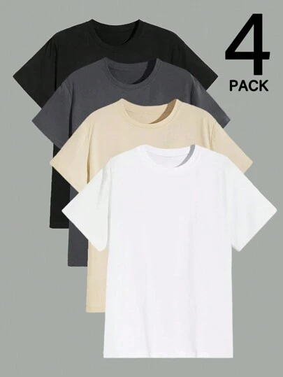 4 件男士纯色休闲运动短袖 T 恤，夏季 T 恤