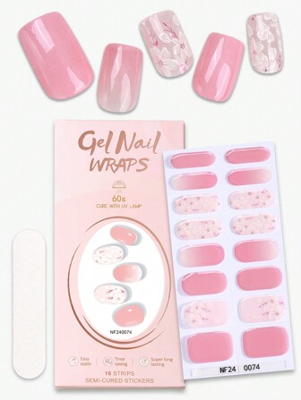 Beauty Sticker 16 Finger Semi-Cured Gel Strips, Pink Cherry Blossom Gradient, Long Lasting, Quick Shaping, Full Nail Wraps For Women And Girls, Comes With 1 Nail File For Music Festivals Dating Parties Traveling Quick Manicure Nail Stickers DIY