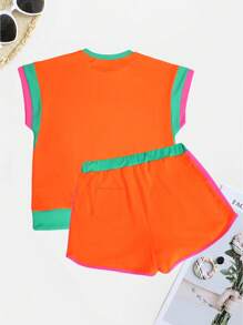 Summer New S391154 Multi-Color Casual Set For Women, European & American Fashion, Loose Fit Concealing Two Pieces Shorts & Short Sleeve Top - Orange - View 2