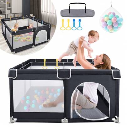 VA-Cerulean Box Babybox Beschermhek met antislipbasis en ademend net en 50 ballen, stabiele barrière, activiteitencentrum voor kinderen, donkergrijs zwart