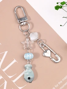 1 pieza Lindo y creativo llavero con cuentas de pez y estrella de mar, correa para teléfono móvil, colgante de bolso, adecuado para uso diario y como regalo