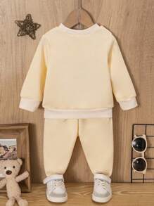 2pcs Baby Boys' Casual Loose Knit Smiling Face Print Crew Neck Long Sleeve Sweater And Pants Set, Suitable For Spring