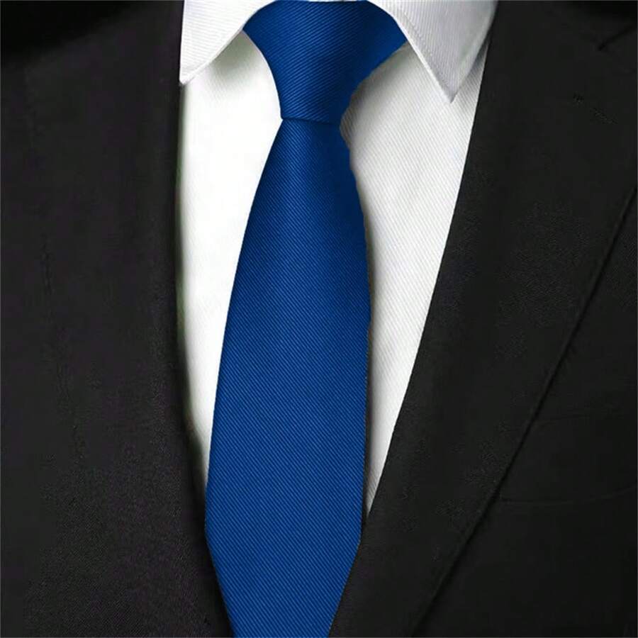 Slim Plain Twill Social Tie With Fine Lines - 寶藍色 - 查看 1