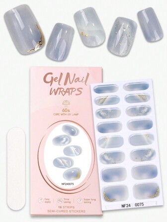Beauty Sticker 16指半微硬凝膠條，金色線條簡約日常，藍灰色光環，持久耐用，快捷造型，適用於女士和女孩，贈送1個指甲文件，適用於約會、派對、旅行，方便美甲貼紙DIY全甲包裝