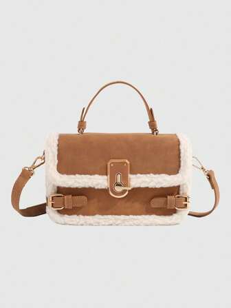 Nuevo bolso de hombro cuadrado y esponjoso de otoño/invierno, bolso de mano y bandolera vintage y versátil con candado para señoras