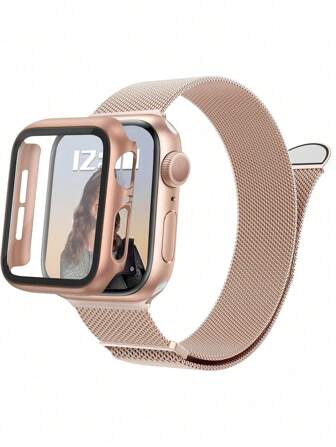 1Set Fashionable 3-In-1 Magnetic Stainless Steel Milanese Band & Case Film, Double Lined Crystal Watch Protective Case Compatible With Apple Watch 38mm 40mm 41mm 45mm 44mm 42mm 46mm 49mm, Compatible With Apple Watch Ultra Series Ultra 9 8 7 6 5 4 3 2 1 SE Series 10, Comfortable Breathable Strap Replacement Watch Band, Scratch-Resistant, Waterproof, Shock-Proof Watch Protective Case For Women And Men