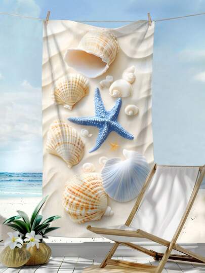 1 pieza Toalla de playa ultra suave de microfibra absorbente con estampado de estrellas de mar y conchas, adecuada para natación, vacaciones, viajes al aire libre y baño de verano, decoración de baño de vacaciones, artículos esenciales de playa