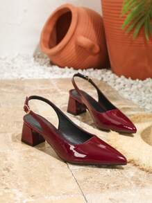 2025秋冬新款尖头黑色鞋，系带高跟鞋，粗跟包头凉鞋，时尚露跟，优雅厚底鞋 - 酒紅色 - 查看 6