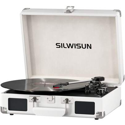 SILWISUN Vinyl Record Player 3 Speed Turntable With Bluetooth, Built In Battery, Portable Suitcase, Built In Speakers,Type-C Port 3.5mm Headphone Jack Aux In/RCA Out Pink For Home Decoration Gift