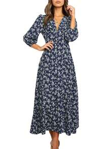 Women's 3/4 Sleeve Maxi Dress Button-Down Floral Print Long Dresses V-Neck Casual High Waist Boho Dress - Navy Blue - View 1