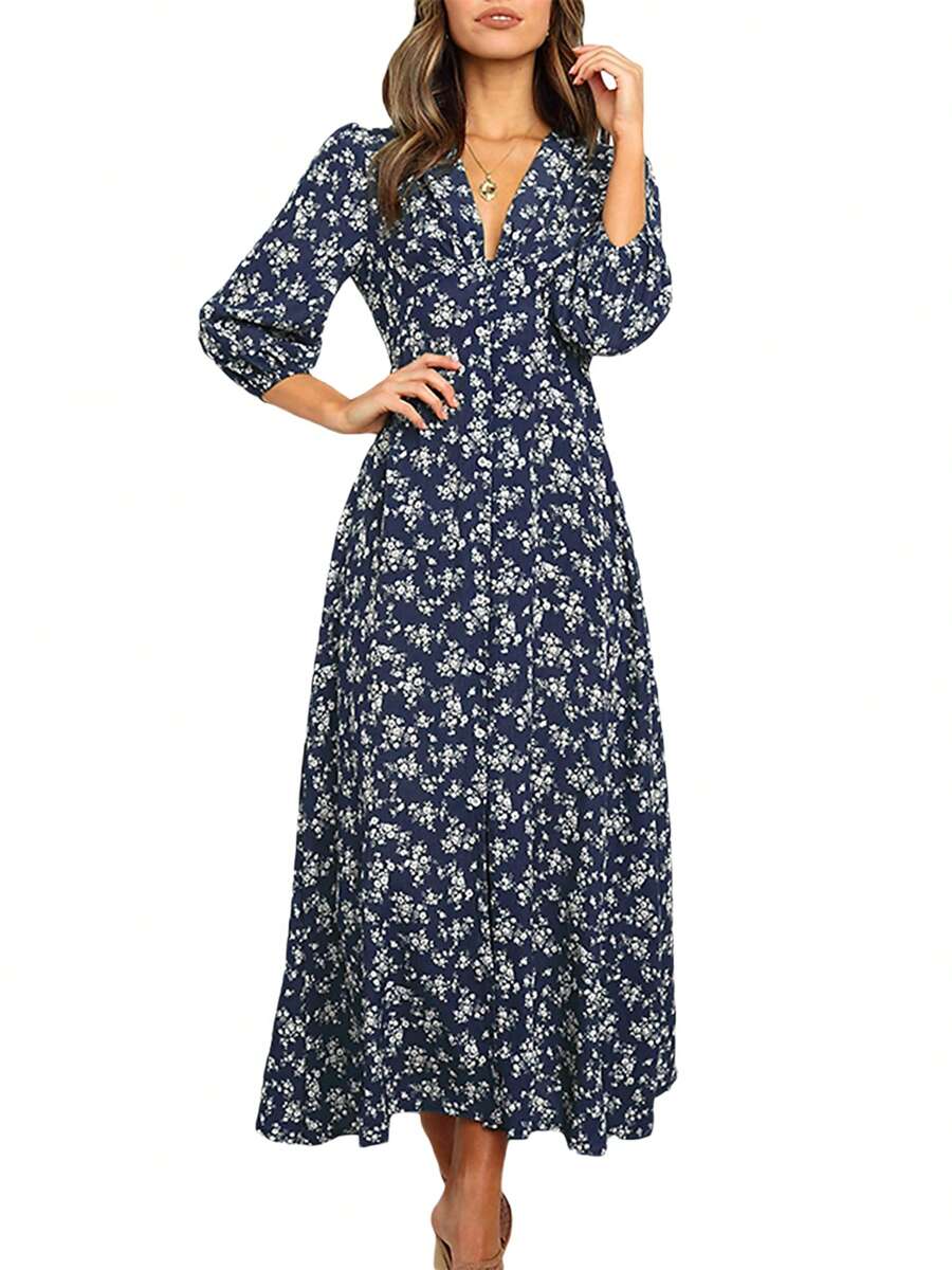 Women's 3/4 Sleeve Maxi Dress Button-Down Floral Print Long Dresses V-Neck Casual High Waist Boho Dress - Navy Blue - View 1
