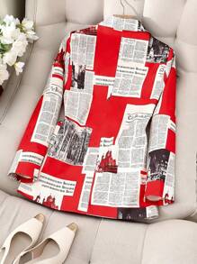 HOMEYEE Women's Newspaper Print Long Sleeve Lapel Collar Blazer, Elegant Casual Resort Business Professional Wear Cardigan Jacket, Suitable For All Seasons