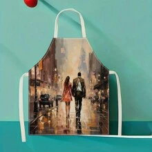 1 件情侣款孤独城市猫 3D 图案亚麻围裙，适合家庭烹饪、厨房穿着和烹饪爱好者 - 彩色 - 查看 2
