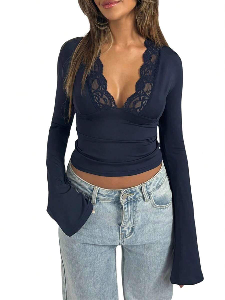 Women's Lace Trim Crop Tops Y2k Long Flare Sleeve Going Out Tops Cute Wrap  Deep V Neck Blouse Tee Shirts - Màu xanh đậm - Xem 1