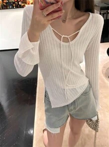 Women's Knit Sweater With Side Slit Cuff Design, Lightweight, Versatile, Tie-Front, Summer