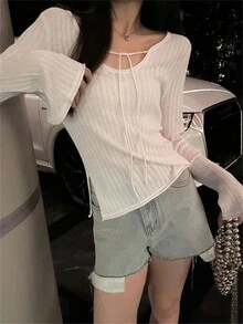 Women's Knit Sweater With Side Slit Cuff Design, Lightweight, Versatile, Tie-Front, Summer