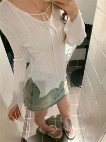 Women's Knit Sweater With Side Slit Cuff Design, Lightweight, Versatile, Tie-Front, Summer