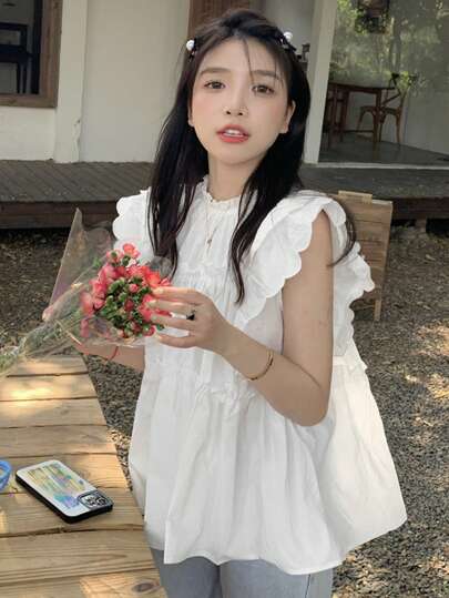 女士纯色圆领盖袖盖袖宽松休闲衬衫，春夏