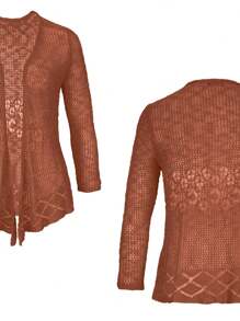 Womens Sheer Crochet Knit 3/4 Sleeve Tie Bolero Jacket Shrug Sweaters - Open Front Tops - 磚紅色 - 查看 3