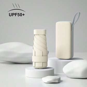 太阳伞 迷你雨伞 带胶囊盒 UPF50 防晒伞 适合晴天和雨天 米色便携式女士雨伞 口袋透明雨伞