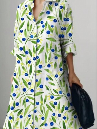 Damen Große Größen Allover Muster Langarm Lässig Kleid mit Umlegekragen