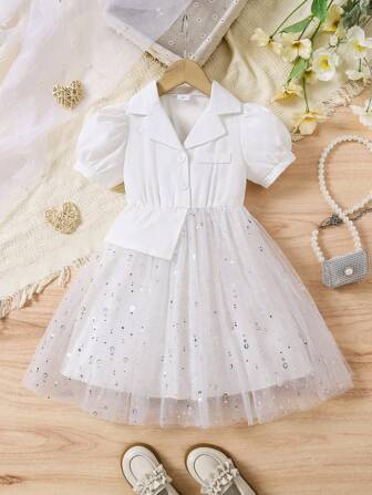 女童时尚拼接闪亮薄纱裙装翻领连衣裙，简约优雅夏季短袖连衣裙