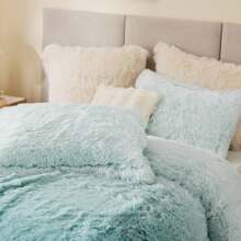 毛茸茸的毛皮被子套装，现代休闲超柔软四季蓬松床上用品，带配套枕套，3 件套 - 薄荷綠 - 查看 5