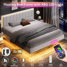 Floating Bed Frame With LED Light, Upholstered Platform Bed With PU Leather, Noise-Free, Easy Assembly, Full/ Queen/ King, Black/ White ( USB LED Strip) - trắng - Xem 2