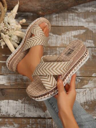 女士夏季新款露趾时尚防滑凉鞋，交叉厚底坡跟亚麻拖鞋
