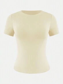 XLLAIS Camiseta básica de mujer de manga corta, cuello redondo, sólida, ajustada, casual de verano en color amarillo - Mostaza Amarilla - Ver 5