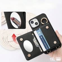1 pieza Funda de protección tipo planificador, Funda protectora de hombro cruzado para teléfono inteligente de moda, con soporte lateral ajustable, espejo de maquillaje, correa para el cuello, ranuras para tarjetas y monedero