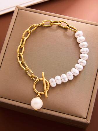 1pc Stainless Steel Beaded Pendant, OT Clasp Chain Bracelet, Versatile For Women Daily Wear, Party, Waterproof Jewelry Accessory, Gift For Valentine's Day, USA Shipping Without Gift Box,Mom,Mother,Mother's Day,Gift