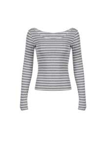 Women's Off Shoulder Tops Slim Striped Long Sleeve Casual T-Shirt For Fall Streetwear