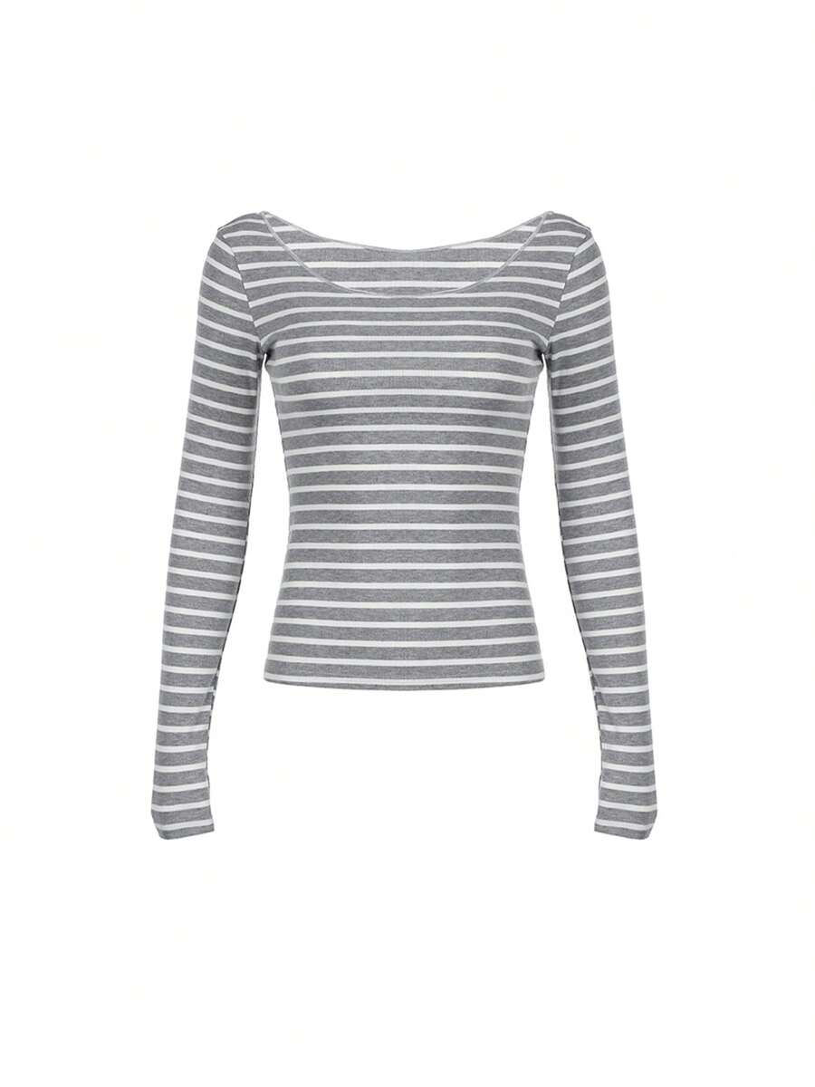 Women's Off Shoulder Tops Slim Striped Long Sleeve Casual T-Shirt For Fall Streetwear