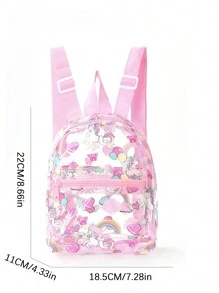 Cute Pink Unicorn Print Clear Backpack With Rainbow & Heart Design, Adjustable Straps, Front Zip Pocket For Travel, Daily Outings & Casual Use - Pink - View 3