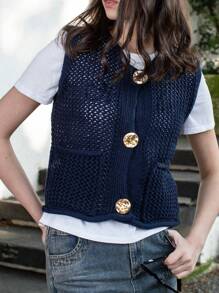 Women Fashion Sleeveless Coarse Needle Knitting Vest Sweater Female Chic Big Pockets Patch Buttons Cardigan Waistcoat Tops