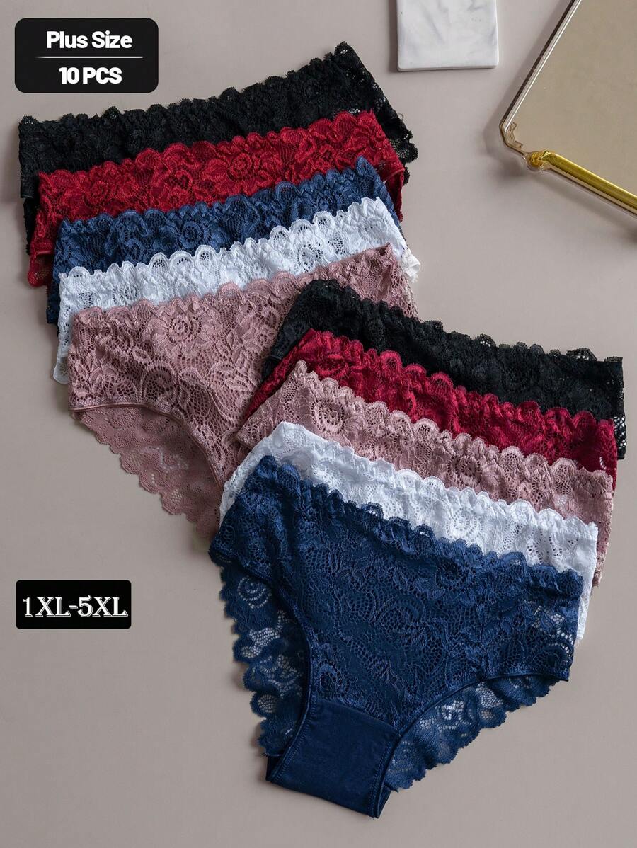 10pcs/Pack Plus Size Women Romantic Style Contrast Lace Panties - Multicolor - View 1