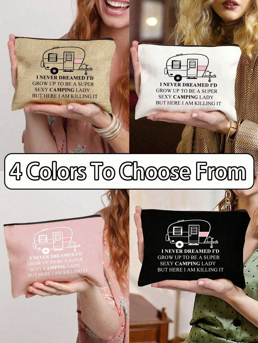 Happy Camper Canvas Make-uptas - Polyestervezel Letter Bedrukte Ritssluiting Vrouwen Cosmetische Tas, Opbergtas, Cosmetische Tas Goede Geschenken Voor Koppels En Gezinnen, Studentenhuis Cosmetica Opslag - Veel kleurig - Bekijken 1