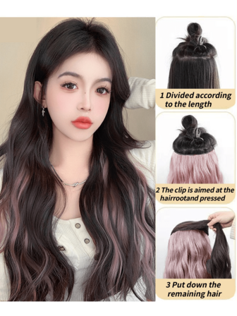 20 英寸一体式渐变色合成接发，蓬松波浪夹入式隐形亮点（红色和灰色）