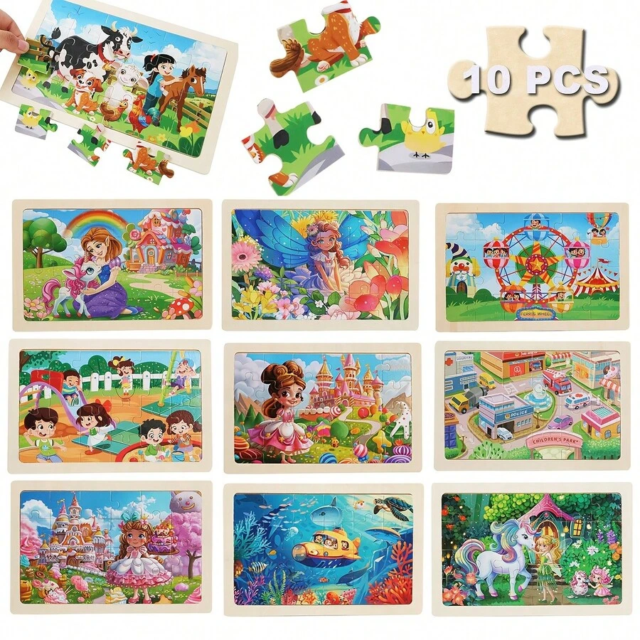 10 Pcs Of 24 Piece Wooden Puzzles, Princess, Farm, Elves And Transportation, Preschool Educational Puzzle Board, Kids Birthday, Christmas Gift And Toy.