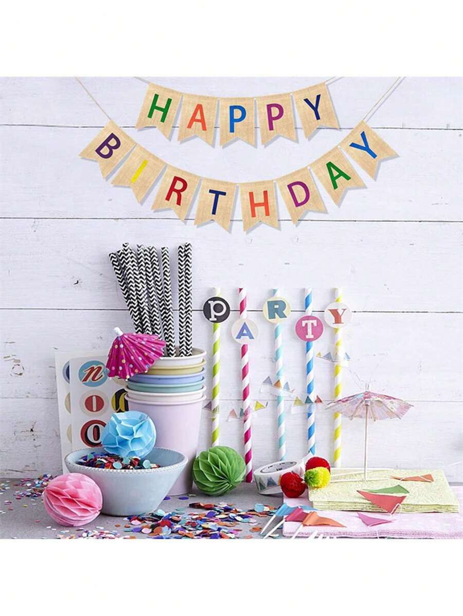 1 Set Banderines con cordel de estilo cumpleaños FELIZ CUMPLEAÑOS Decoración de fiesta colorida con banderas con letra de cola de milano para escenario de cumpleaños - Multicolor - Ver 1