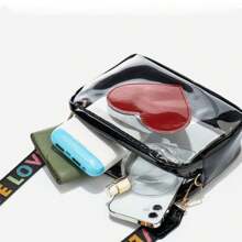 PVC Fashion Lettering Shoulder Camera Bag, Stylish And Simple Heart Decoration Transparent Jelly Sling Bag, Suitable For Travel And Vacation Waterproof Shoulder Bag, Perfect For Valentine's Day Gifts For Girlfriend, Lover, And Friends.