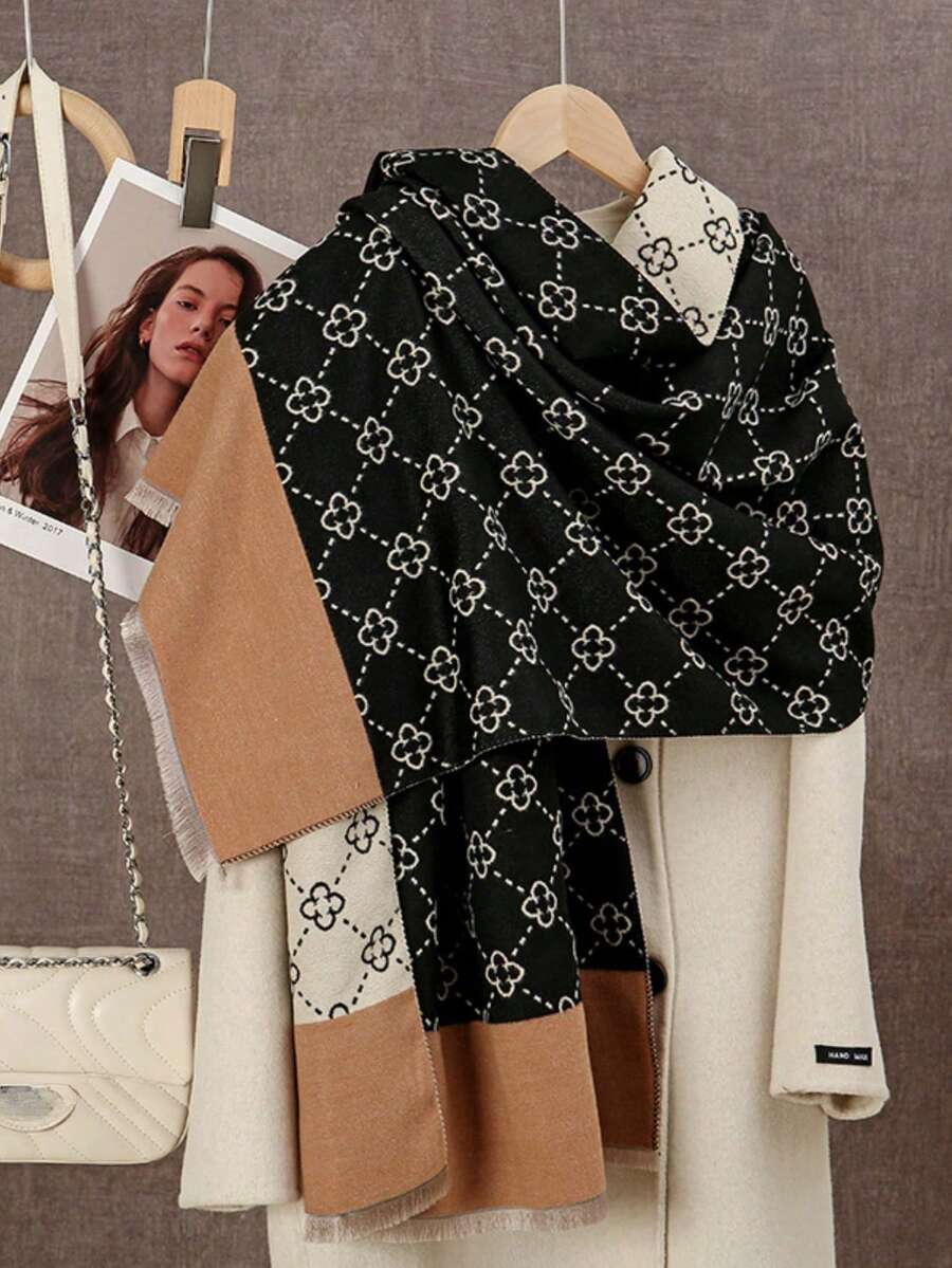 1PC Women's Autumn/Winter Double-Sided Faux Cashmere Colorblock Pattern Scarf, Fashionable Versatile Air Conditioning Room Blanket, Thick Warm Decorative Neck Warmer Shawl, Suitable For Daily Use - Multicolor - View 1
