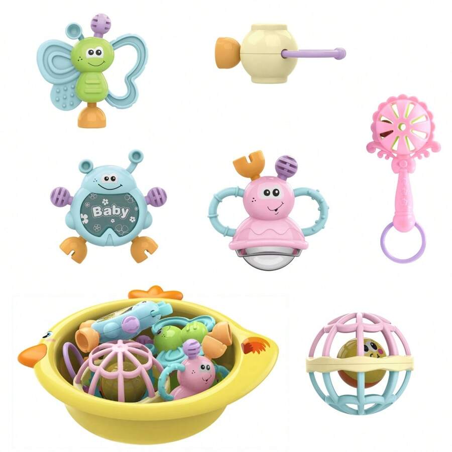 1 Set Of 6 Rattles With Teether And 1 Chicken Washbasin Set - High Temperature Sterilization - Teether Handle Rattle Set - Baby Pool Beach Bathtub Boy And Girl Bathtub Toys Infant Bathing Accessories
