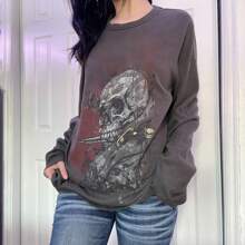 Women Y2K Goth Long Sleeve Shirts Retro Graphic Fairy Grunge Tops Fall Spring Teens T Shirt Streetwear - Dark Grey - View 2